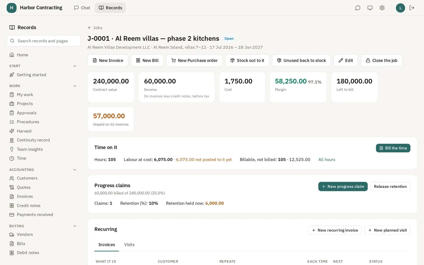 A job: contract value, costs, margin, hours and progress claims