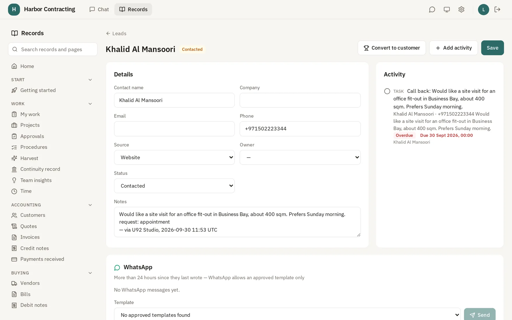 The appointment request in Ethos, with its call-back task